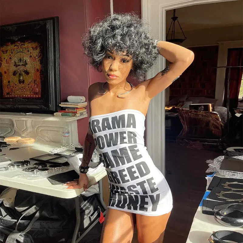 Sexy Midnight Mini Dress Stretch Skinny Party Clubwear Y2K slogan Letter Printed White Hip Dress Women Summer Fashion Strapless 250319