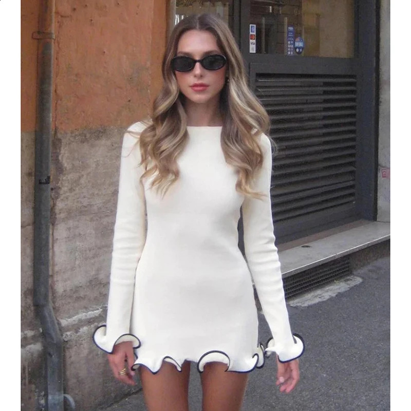 Long Sleeved Elegant Short Mini Dress Block Color Fungus Edge Casual Tshirt Women Sweet Clothes French Allmetch Pink 250319