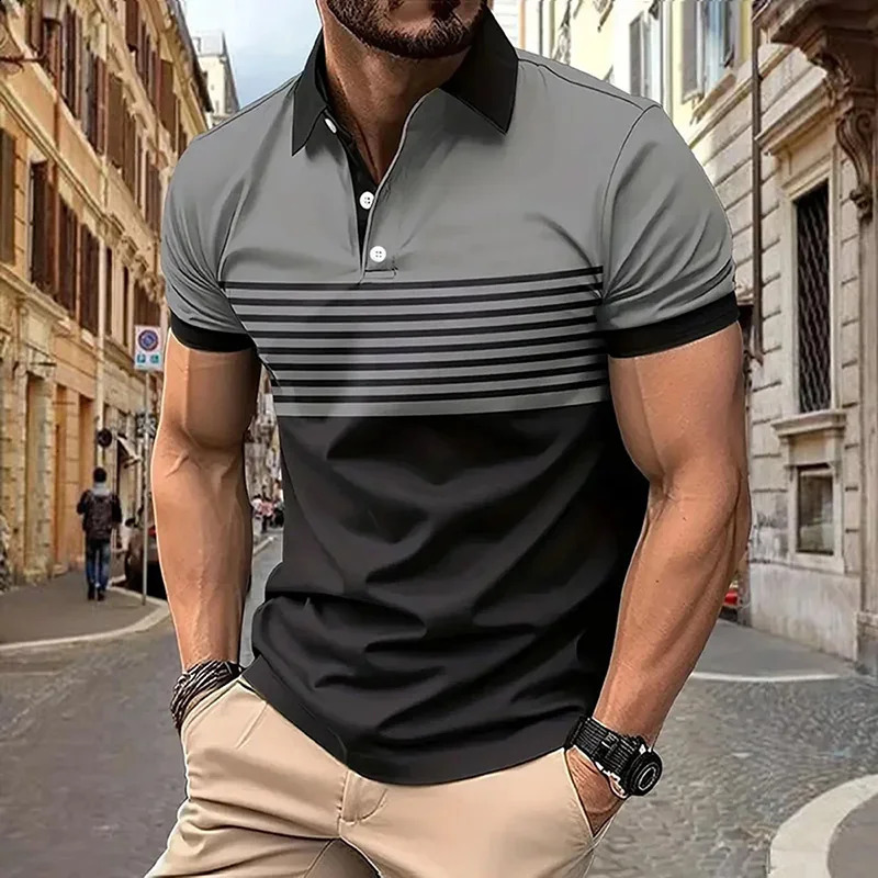 Breathable Stripe Print Sleeve Lapel Short Sleeve T-shirt Mens Casual Retro Style Button Up Shirt For Summer 250319