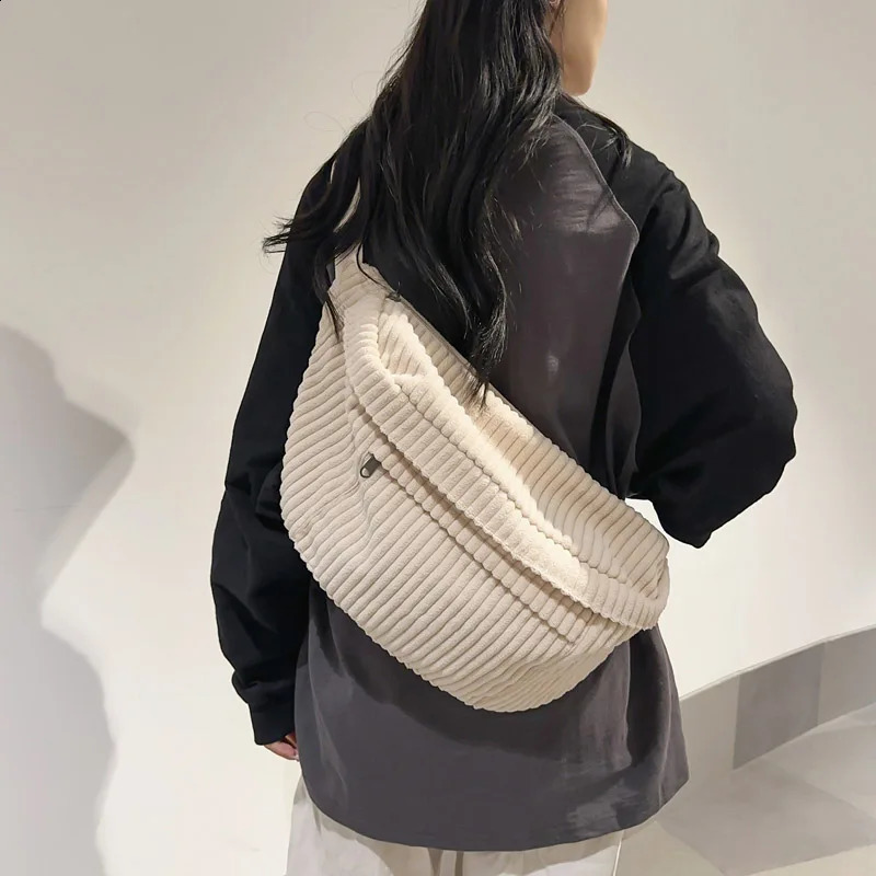 Large Capacity Waist Bag Women Shoulder Crossbody Bags Casual Fanny Pack Simple Phone Purse Corduroy Waist Bag Ladies Banana Bag 250327