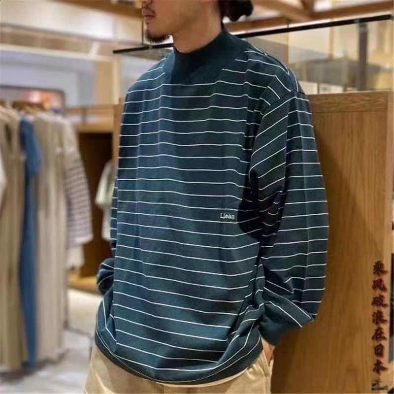 Japanese Versatile Half high Neck Striped Loose Long Sleeves Neutral 250318