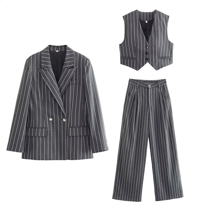 QNQO twopiece womens coat striped set vest office Vneck top and fashionable high waisted pants 250319