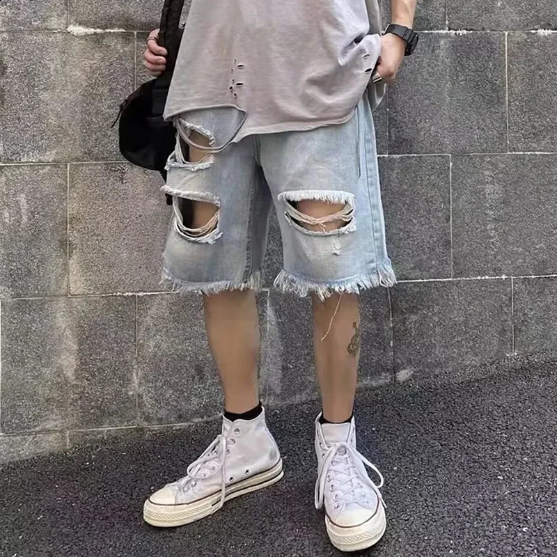 Mens Retro Hollow Open n Straight Jeans Shorts Street Clothing Trend 2025 SpringSummer Fashion Denim 250319