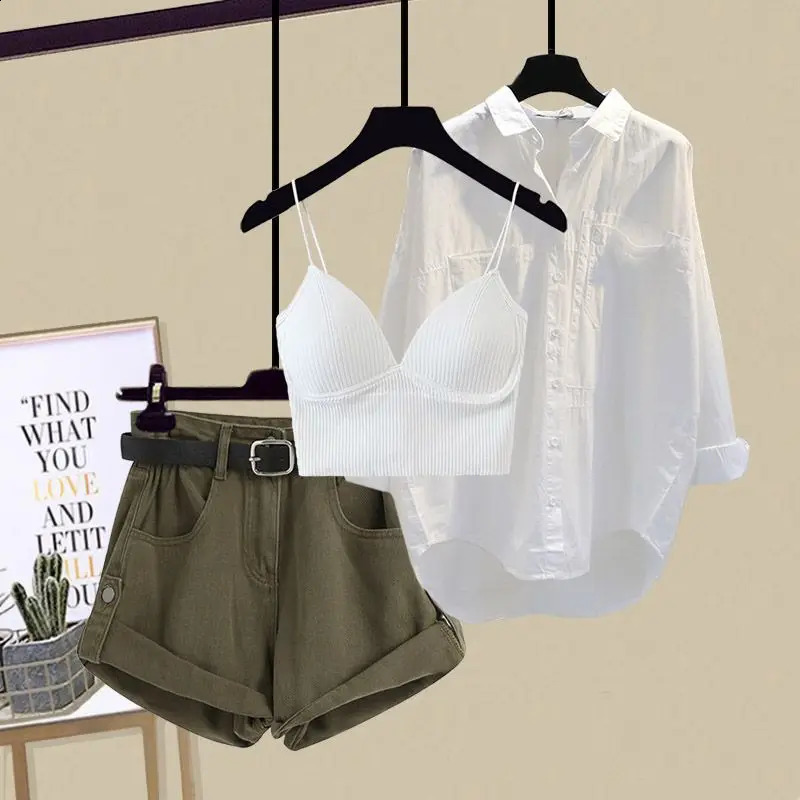 SpringSummer Fashion Womens Set Korean Edition Age Reducing Sling Casual Shirt Shorts Three Piece Set 250319