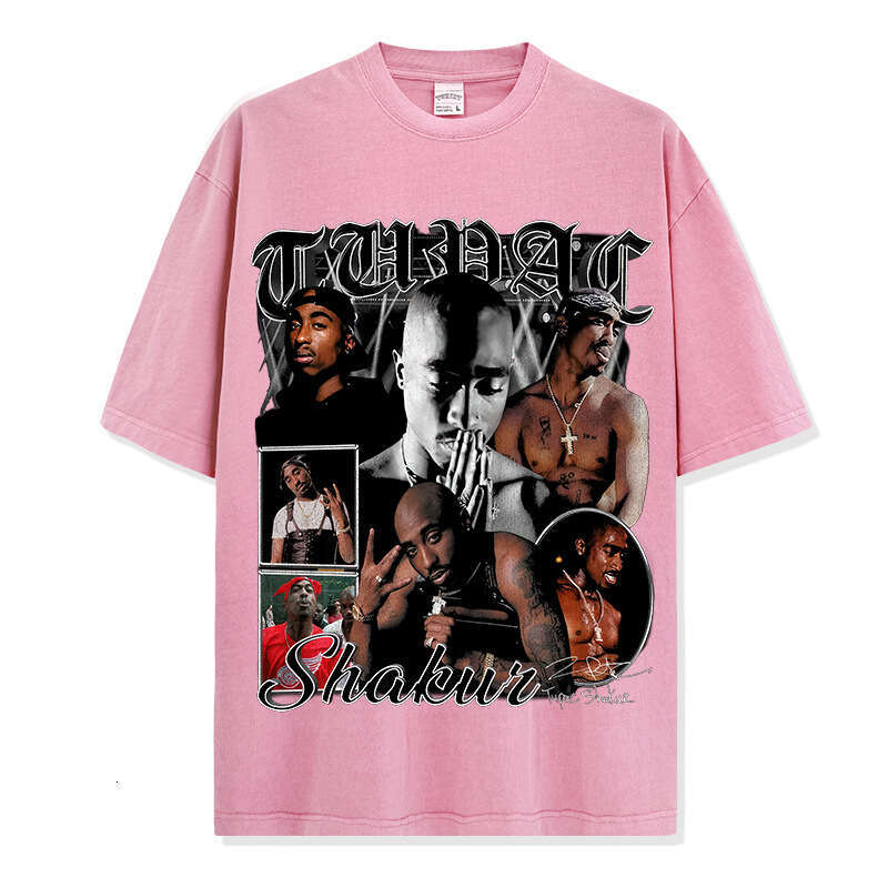 American Hip-Hop Tupac Printed Short Sleeved T-Shirt Vintage Washed Loose Neckline Ins