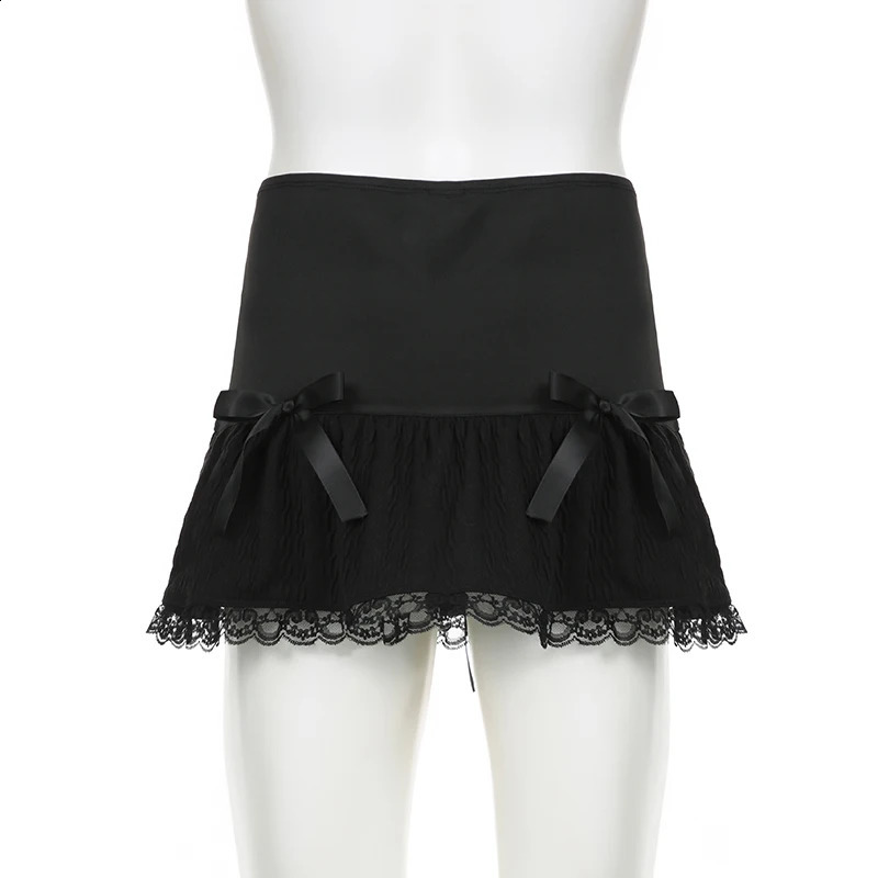 Darlingaga Gothic Y2K Lace Trim Mini Skirt Harajuku Vintage Tie Up Bow Dark Academia Sexy Women Skirts tie A-Line Grunge 250319