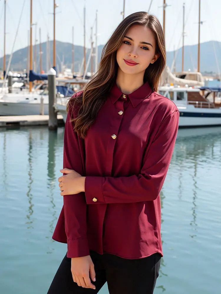 TRAFZA Womens Fashion Wine Red Shirt Retro Gold Button Long Sleeve 2025 SpringSummer Formal Office Casual Top 250319