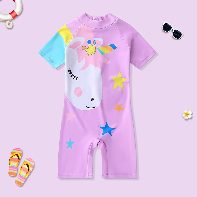 Childrens Short-Sleeved Cartoon Swimwear Beach Sunscreen Swimsuits Baby Boys and Girls One-Piece 250319