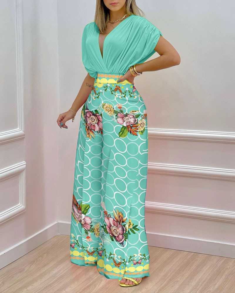 Women's Spring/Summer New Printed Bat Sleeve Top Wide Leg Pants Two Piece Set for Women 250315