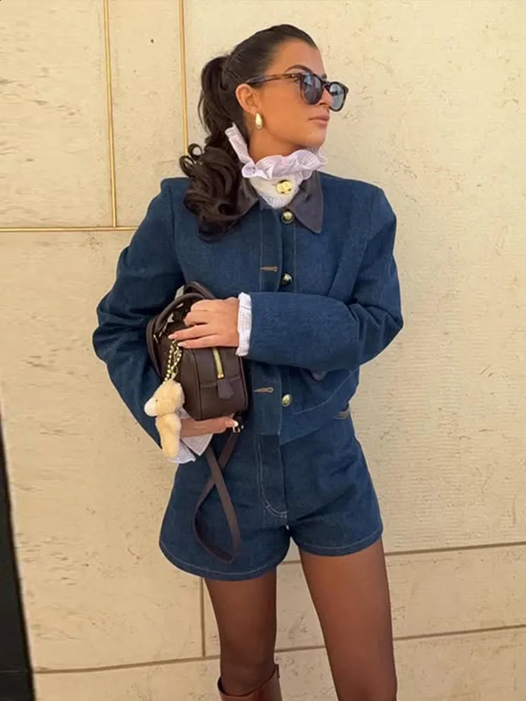 Casual Denim Shorts Jackets Sets Women Lapel Single Breasted Patchwork Pu Coats Suit Female 2025 Spring Street Set 2 Pieces 250319