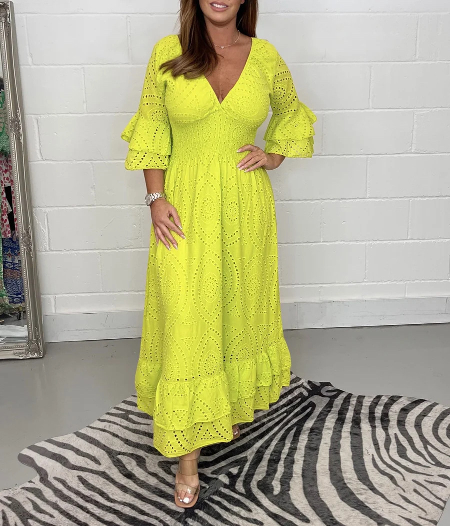 GY24118 Fashion V-neck Flare Sleeve Large Swing Cotton Leprosy Dress New Product
