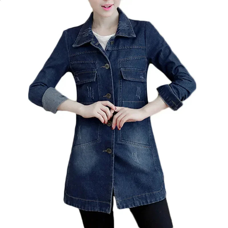 Autumn Winter Korean Denim Jacket 5XL Women Slim Long Base Coat Womens Frayed Navy Blue Casual Female Jeans Jackets Coats 250319