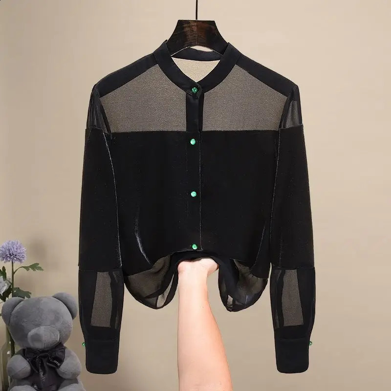 Elegant and fashionable Harajuku ultrathin fit fully matched Blusa decal solid button long sleeved top for womens standing collar clothing 250318