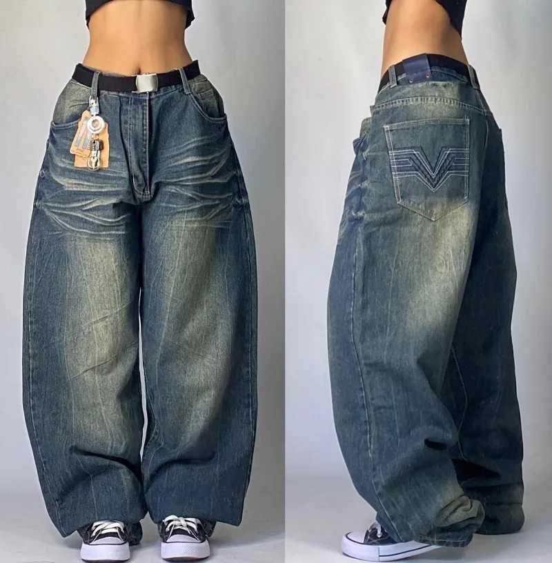 American New Fashion Solid Color Bag Wash Jeans Y2K Street Clothing Retro Fashion Clown Mens and Womens High Waist Wide Leg PantsT250319