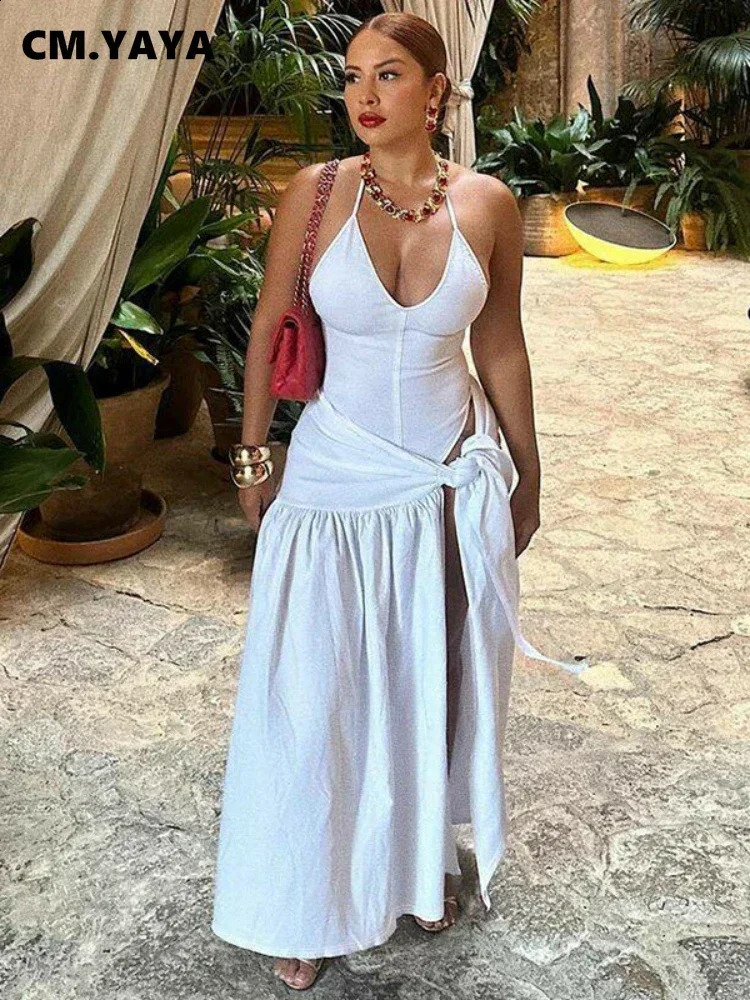 CM.YAYA Elegant Womens Set Sleeveless Strap Bodysuit Long Skirts Set Autumn Tracksuit Sexy Tie Up Two 2 Piece Set Outfits 250319