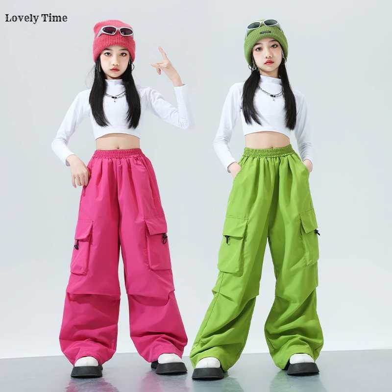 Girls K-pop Crop Top Colorful Joggers Pants Child Hip Hop Streetwear Cargo Pant Clothes Sets Kids Stage Girl Group Jazz CostumesT250318
