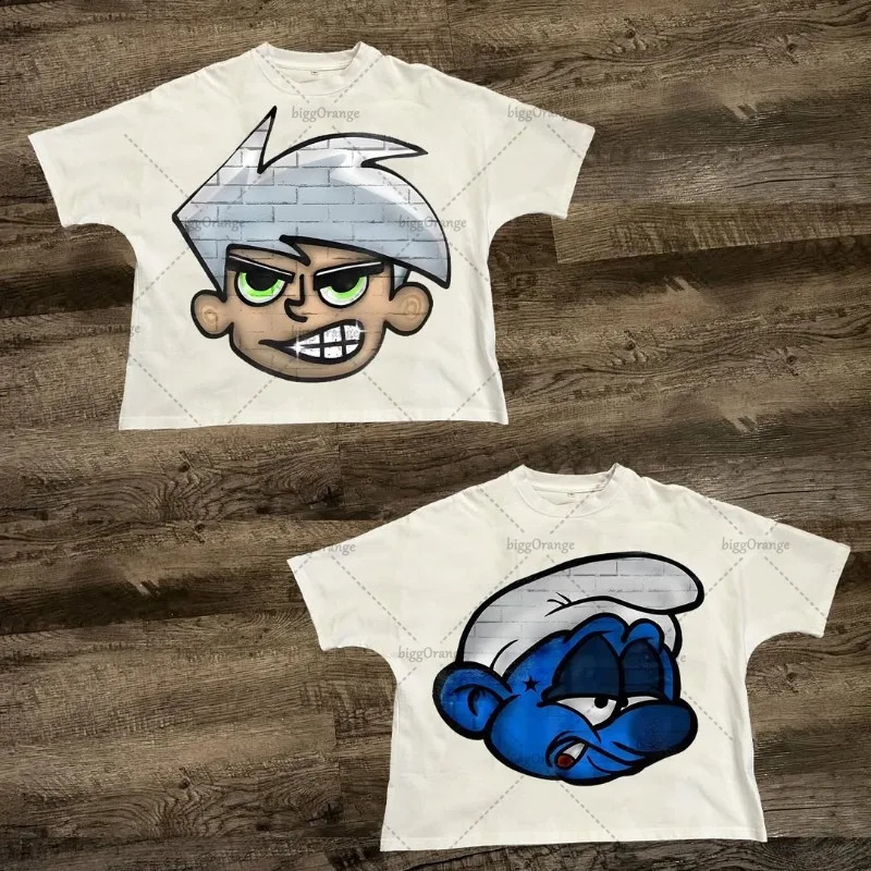 Fashion street clothing short sleeved womens retro cartoon print oversized Tshirt punk summer cotton casual top mens style 250317