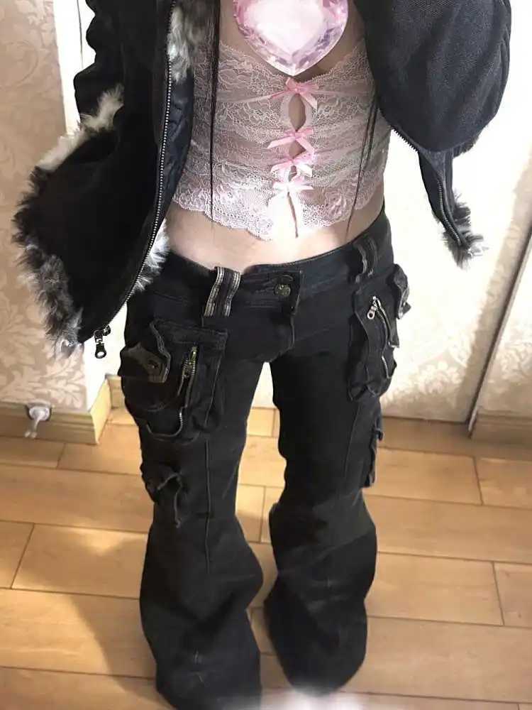 Women Gyaru Japanese Cyber Punk Bell-Bottom Harajuku Y2K Dark Academia Jeans Low Rise Flare Denim Pants Goblin Core HalloweenT250319