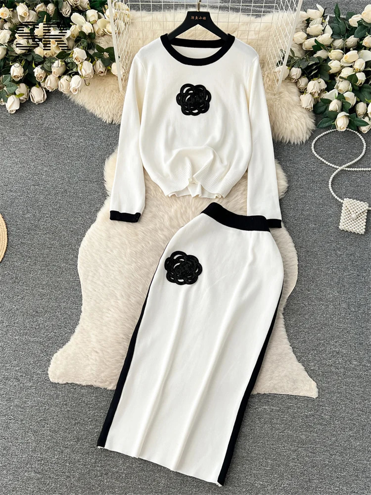 SINGREINY Elegant Two Piece Knit Set Winter Flower n Long Sleeve Pullover Elastic Waist Long Skirt Fashion Sweater Suit 250318
