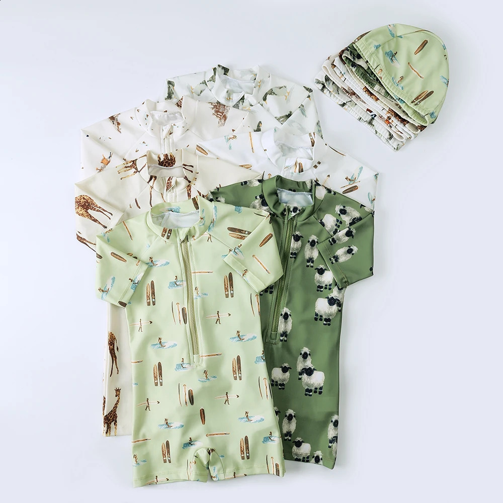 2025 Summer Kids Boys Girls Swimsuits Clothes Vacation Beach Onesie with Hat Toddler Sun-proof Swimwear Sets Surfing Swim Suit 250319
