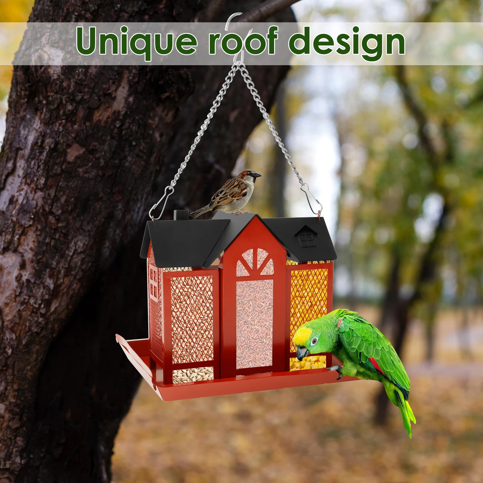 Bird feeder hanging metal bird house large capacity red multipurpose product for outdoor gardens 250318
