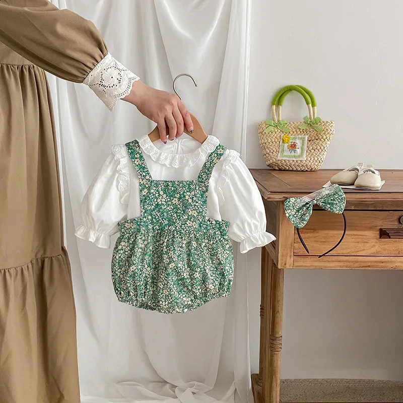 Autumn Baby Girl 2PCS Clothing Set Cotton Lace Collar Solid Shirt Green Leaf Printed jumpsuit Preschool 250319