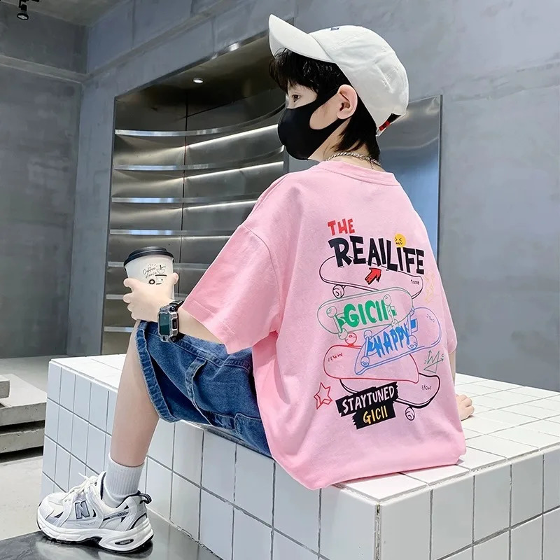 Summer Kids Clothes Streetwear Fashion English Skateboard Print T Shirt 100%Cotton Tops Tees Children Short Sleeve Boys Clothes 250319