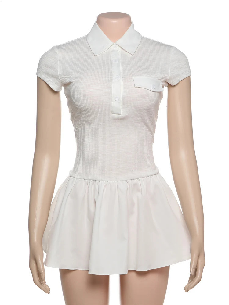 Nibber 2025 Summer Trend Women Dress Elegant Simple Patchwork PoloNeck Short Sleeve Ruffles Hem Stretch Streetwear Mini Bodycon 250319
