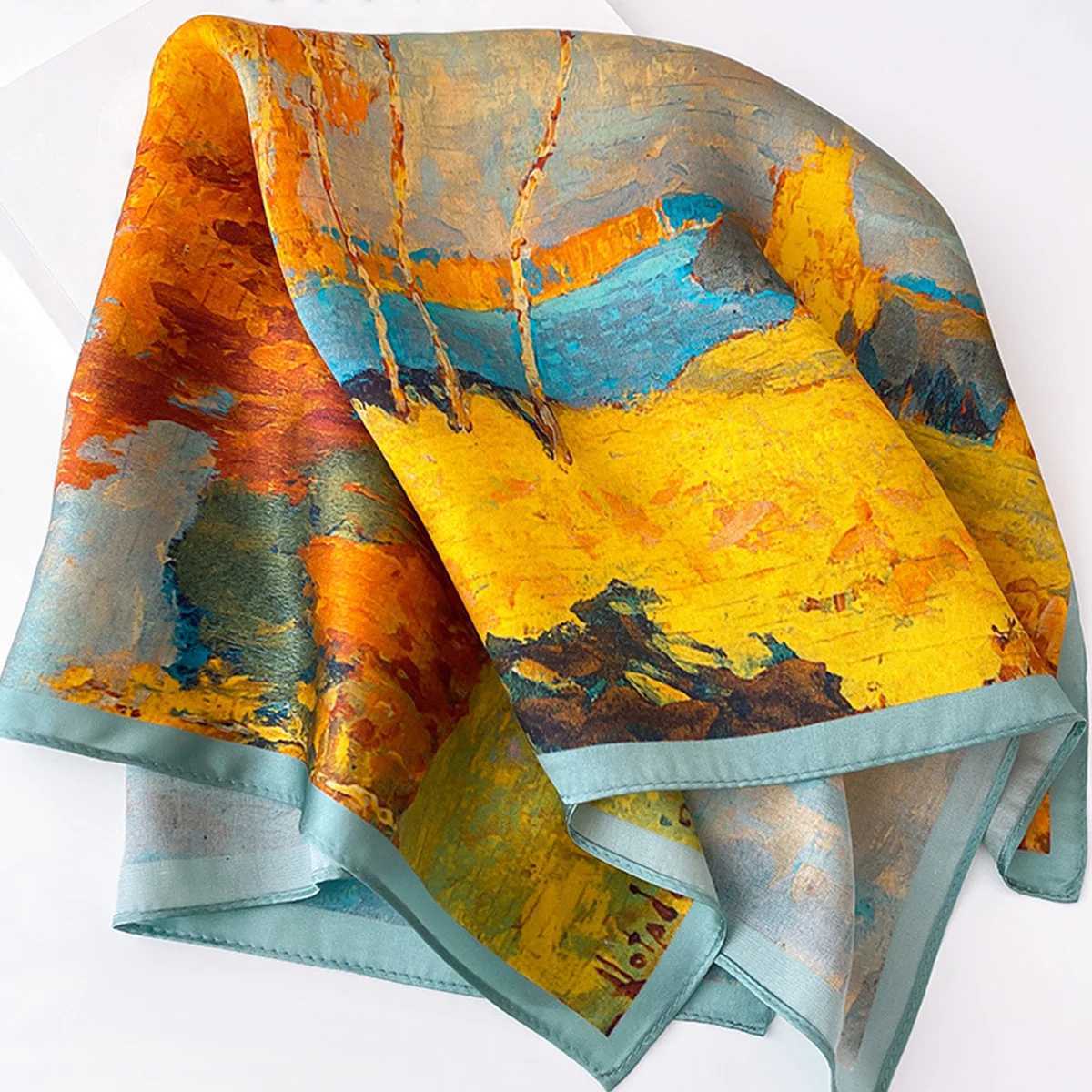 Tree oil printing collar classic silk like square scarf breathable bandage packaging hair accessories X250319