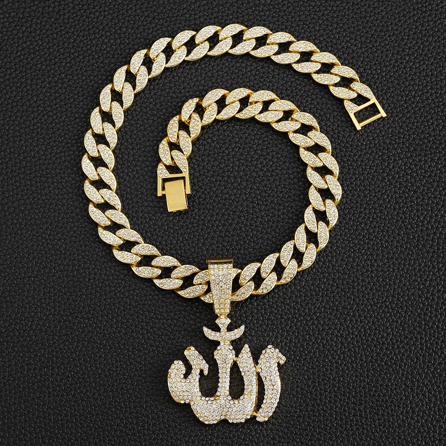 Iced Out 15mm Width Cuban Link Chain With Hip Hop Alloy And Bling Rhinestone Arabic Symbols Pendant Necklace 250313