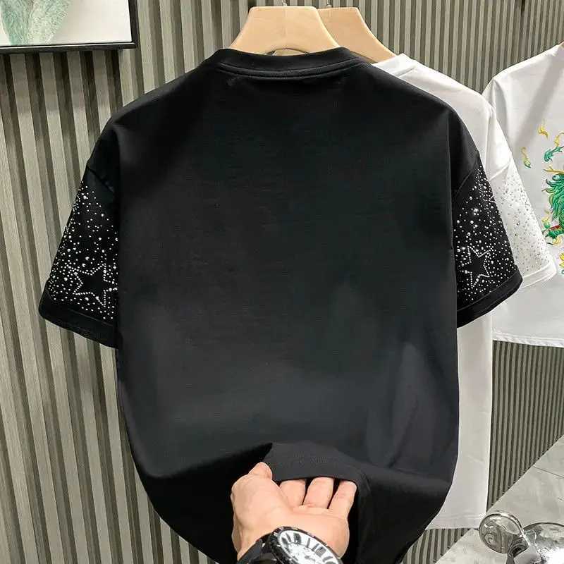 Summer New Mens 2024 Pullover O-Neck Patchwork Fashion Solid Color Loose Rhinestone Casual Versatile Short Sleeve T-shirt TopsT250318