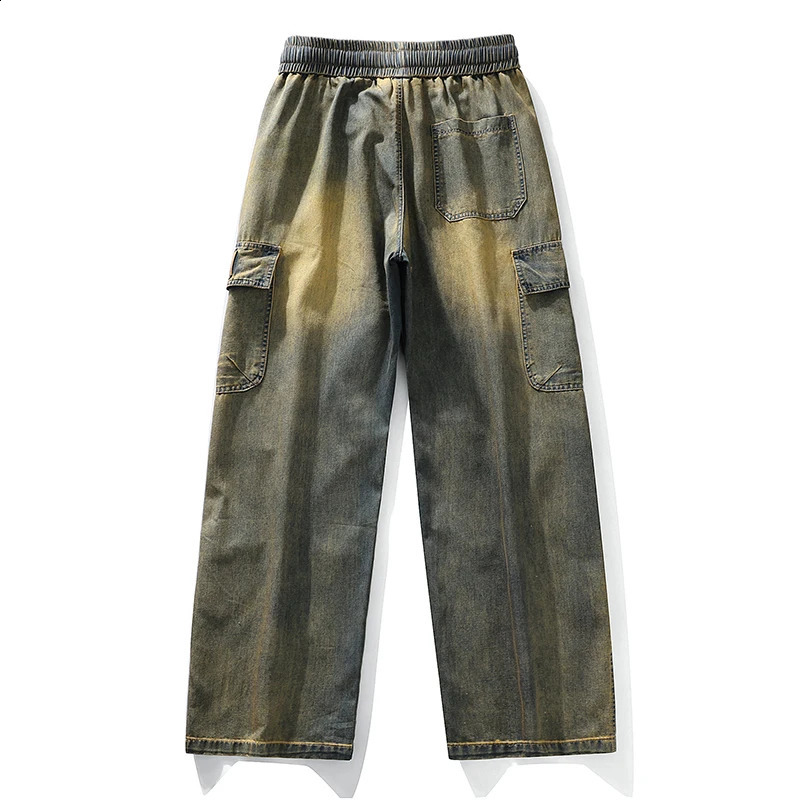 Vintage Jeans Pants for Men High Street Yellow Mud-Dyed Washed Ripped Denim Overalls Trousers Man Workwear Plus Size 6XL 7XL 8XL 250317