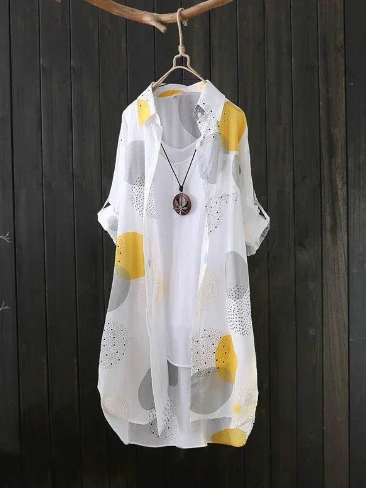 Large loose printed shirt womens cotton medium to long autumn sleeved casual winter Korean style 250319