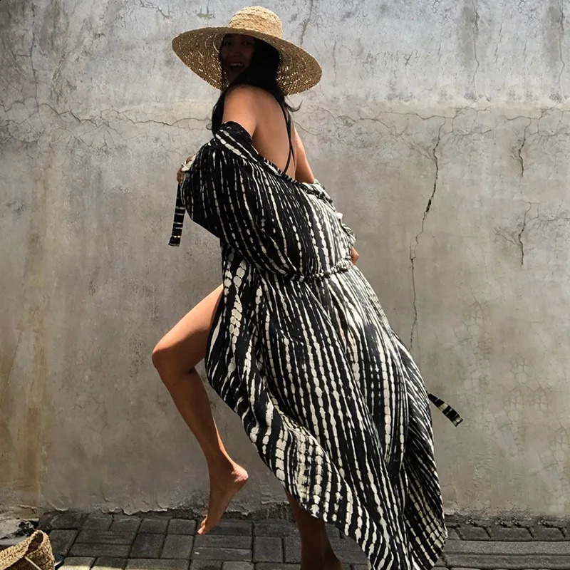 Beach Cover Ups for Swimwear Women Black Tie Dye Kimono Swimsuit Cape Summer Dress Beachwear Outfit Oversized Loose 250319