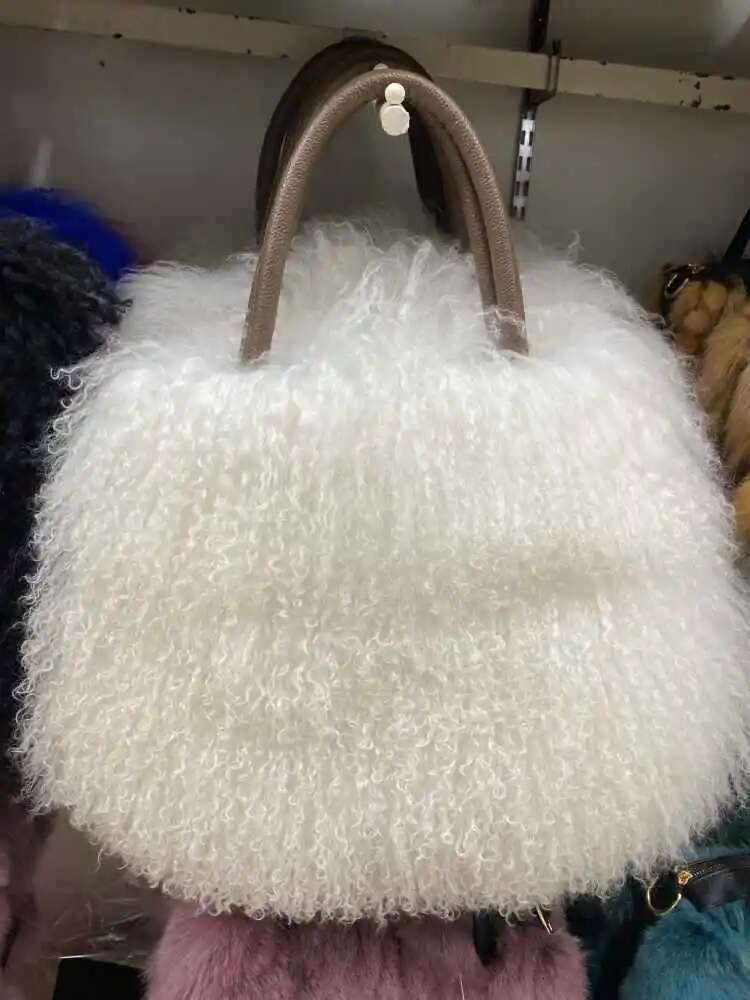 Mwfur Handbag Fashion Long Hair Tote Bag Mongolian Lamb Fur Bags For Women
