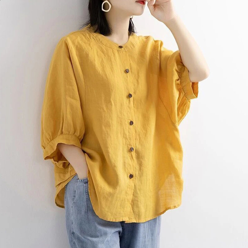 Women In Clothes Cotton Linen Simple Casual Loose Short Sleeve Oneck Allmatch Shirt And Blouse Single Breasted SolidTop 250319