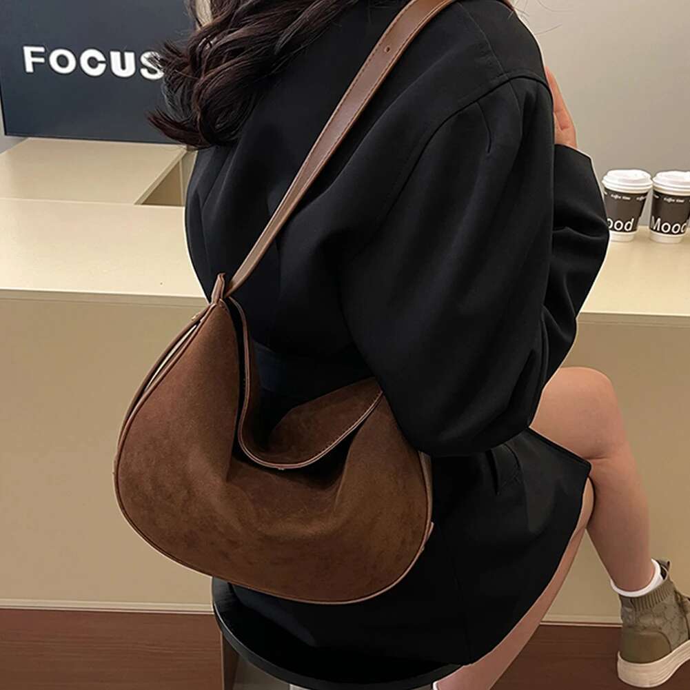 Women Suede Shoulder Solid Underarm Magnetic Closure Crescent Retro Hobo Bag For Work Travel Shopping