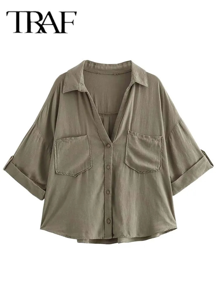 TRAF womens shirt linen blend womens short sleeved casual button up shirt womens top 250318