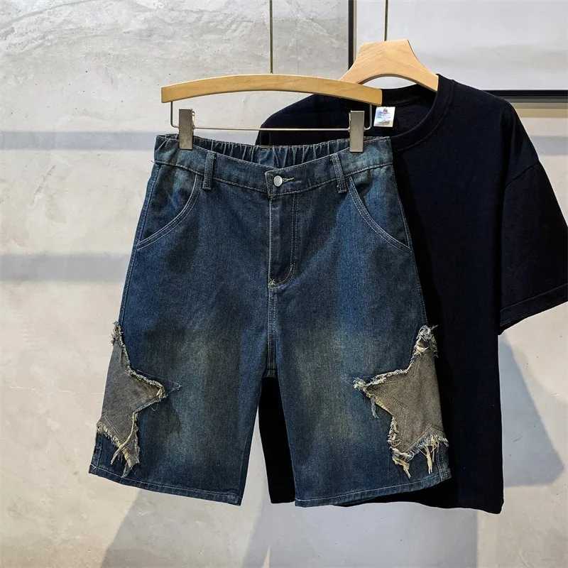 Star Shaped Men Denim Shorts Jeans Solid Color Pocket Shorts Fashionable Casual Short Jeans Harajuku High Street Mens Clothing W250319