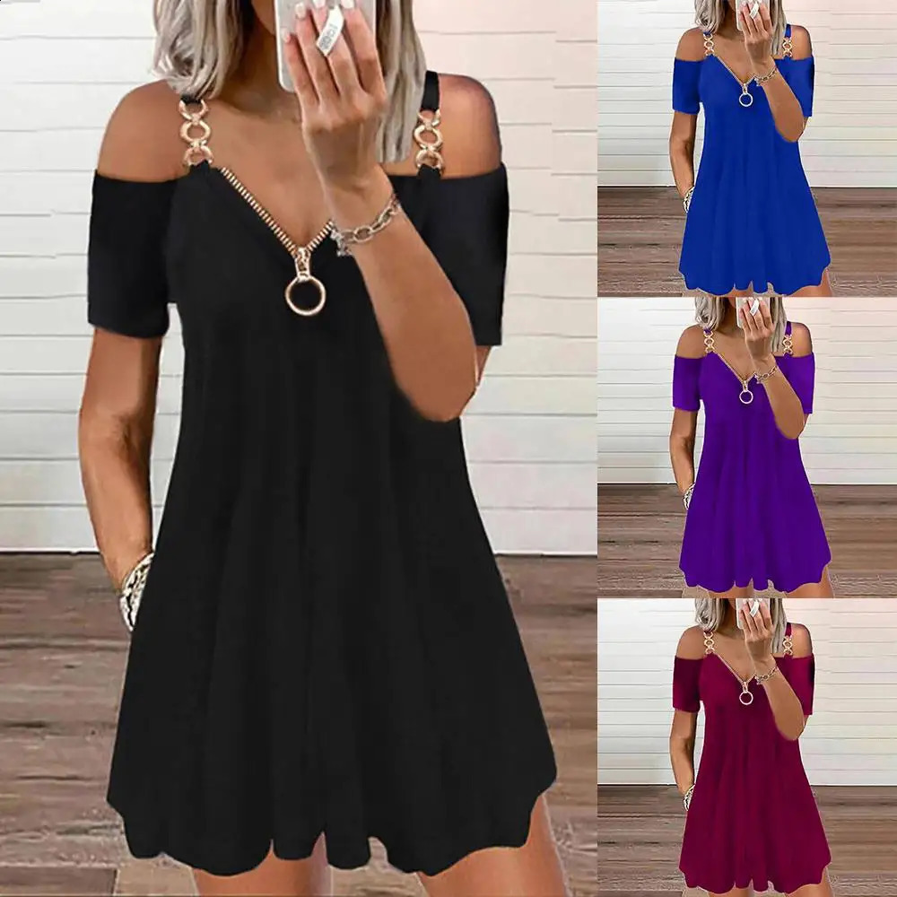 Fashion Womens Summer Casual Plus Size Dress Chain Closed Vneck Sleeveless Sexy Solid Color Communicating Daily Wear 250319