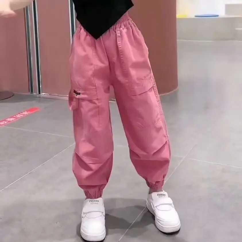 Pants for Kids Girls Cargo Pants Pure Color Trousers Pocket Loose Sport Pants High Waist Elastic Children Casual Running PantsT250318