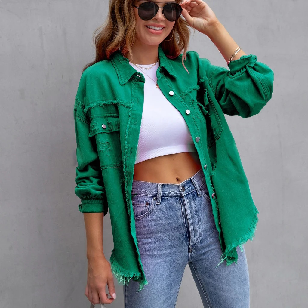 Autumn womens casual denim jacket solid hollow fully matched multicolor fashionable street clothing loose retro 250319