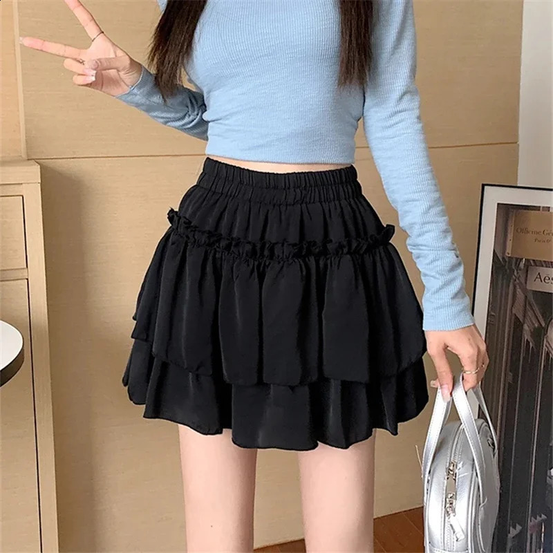 Summer Kawaii White Ruflles Skirt Women Fashion Slim Fit Mini Skirts Giris Y2k All Match Elastic High Waist Black Faldas 250319