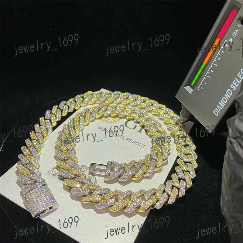 14mm Two Tone Vvs Necklace Sterg Sier Hip Hop Jewelry Moissanite Dia Cuban k Chain