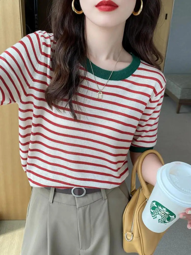 2025 Stripe Tops Women Knitted Round Collar Summer Print Short Sleeve Casual Simple Wild T-Shirt 250319
