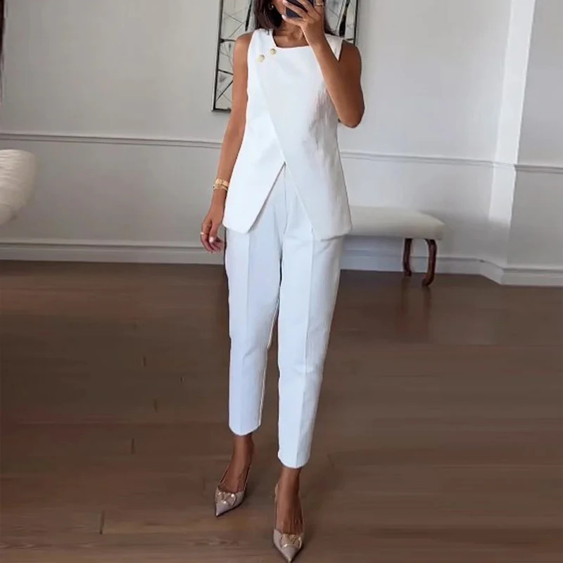 LIYONG Women Two Piece Set Summer Casual Solid Sleeveless Round Neck Button Irregular Top With Pocket Pencil Pants Sets 250319