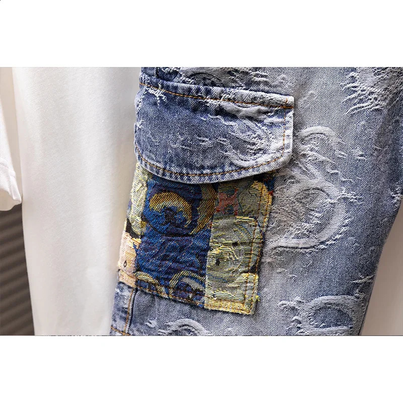 2024 Summer Thin Personalized Dragon Pattern Fashion Loose Denim Shorts for Men Street Straight Blue Male 250319