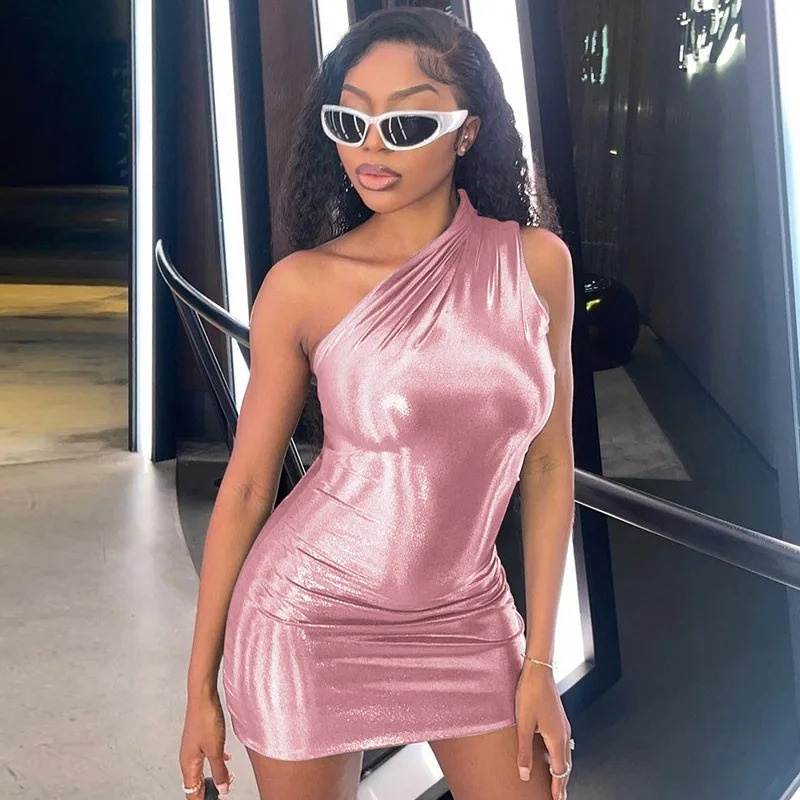 Sexy One Shoulder Bodycon Dresses For Women Solid Irregular Skinny Mini Y2K Metallic Gilding Short Mini Dress 250319
