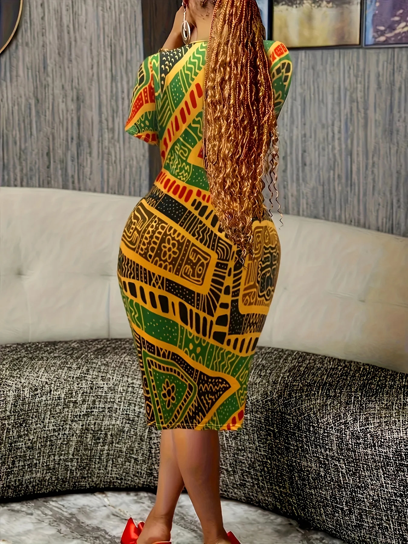 Plus size national print Vneck dress short sleeved Tshirt straight leather casual fashion function can be worn in various occasions 250319