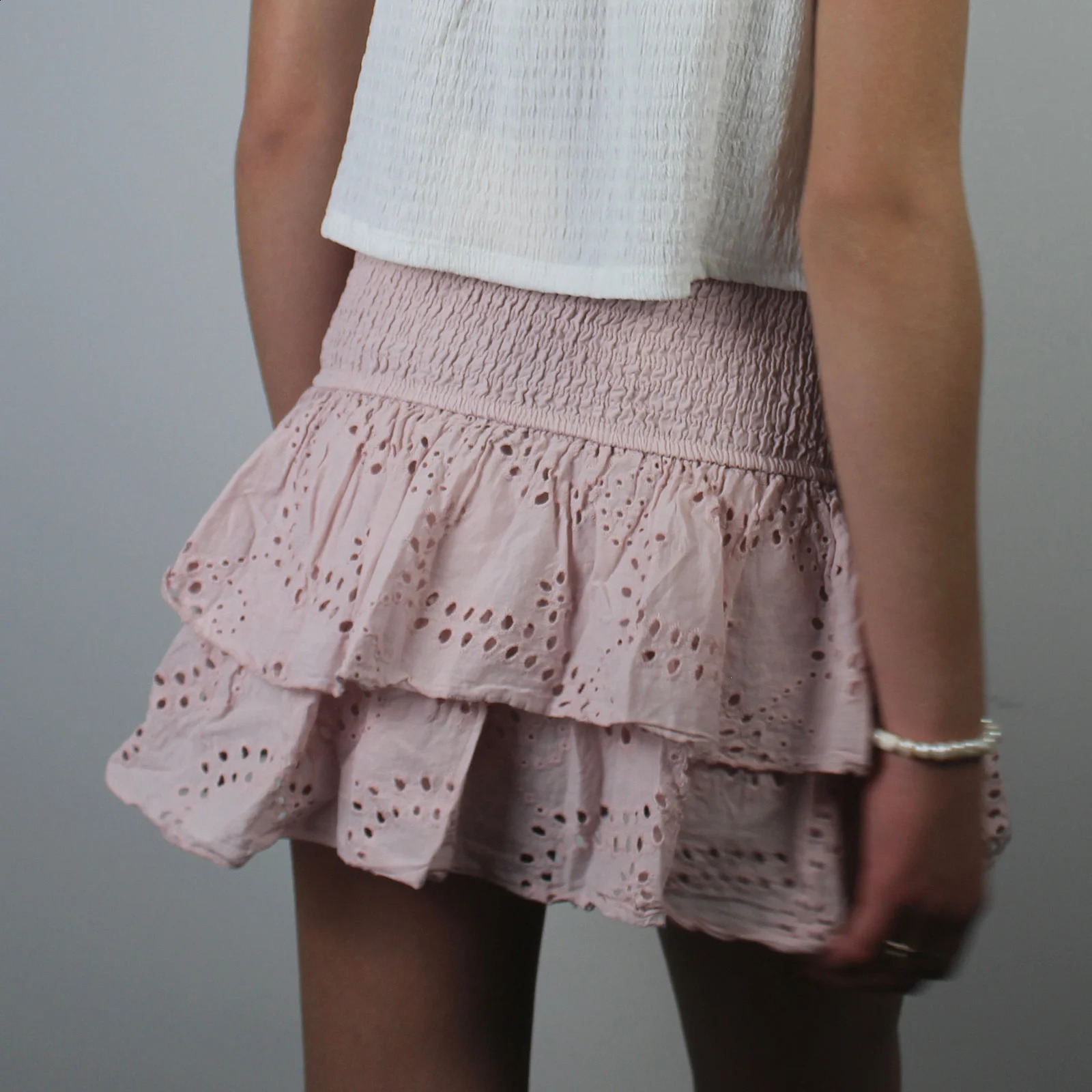 Women Sweet Skirts Shirred Mini Skirt A-Line Pointelle High Waist Layered Ruffle Skirt 250313